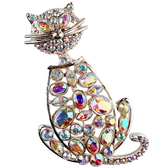 VTG Brooch AB Rhinestone Articulated Cat Figural Kitty Moving Tail Pin Sparkly - Picture 1 of 11